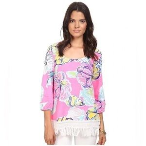 Lilly Pulitzer Alia Scoop Neck Fringe Tunic Top Pink Tropical Floral Size XS‎